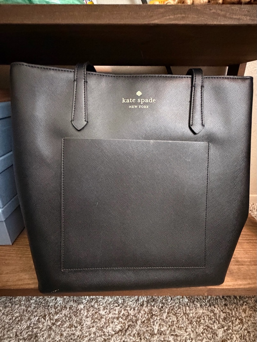 kate spade Black Saffiano Leather Tote with Front Pocket